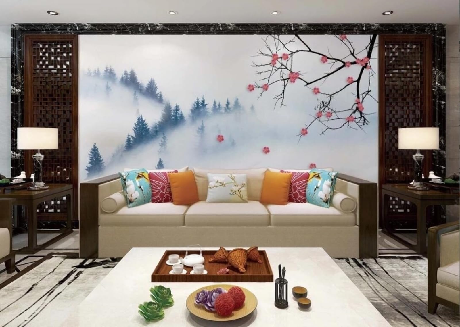 Papier Peint Panoramique Style Encre de Chine 430x300cm Décoration Murale Luxe