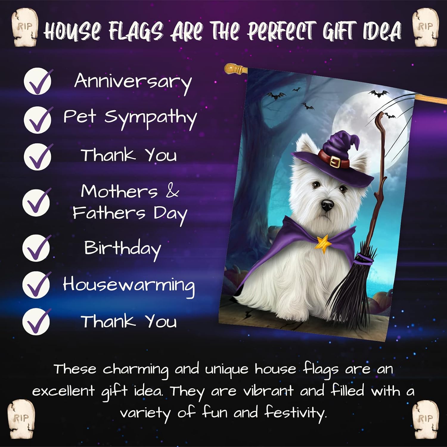 Halloween Trick or Treat Witch West Highland Terrier Dog House Flag - Outdoor Double Sided Pet Portrait Weather Resistant Premium Quality Home Decorative Flags - 100% Polyester 29"w x 43"h