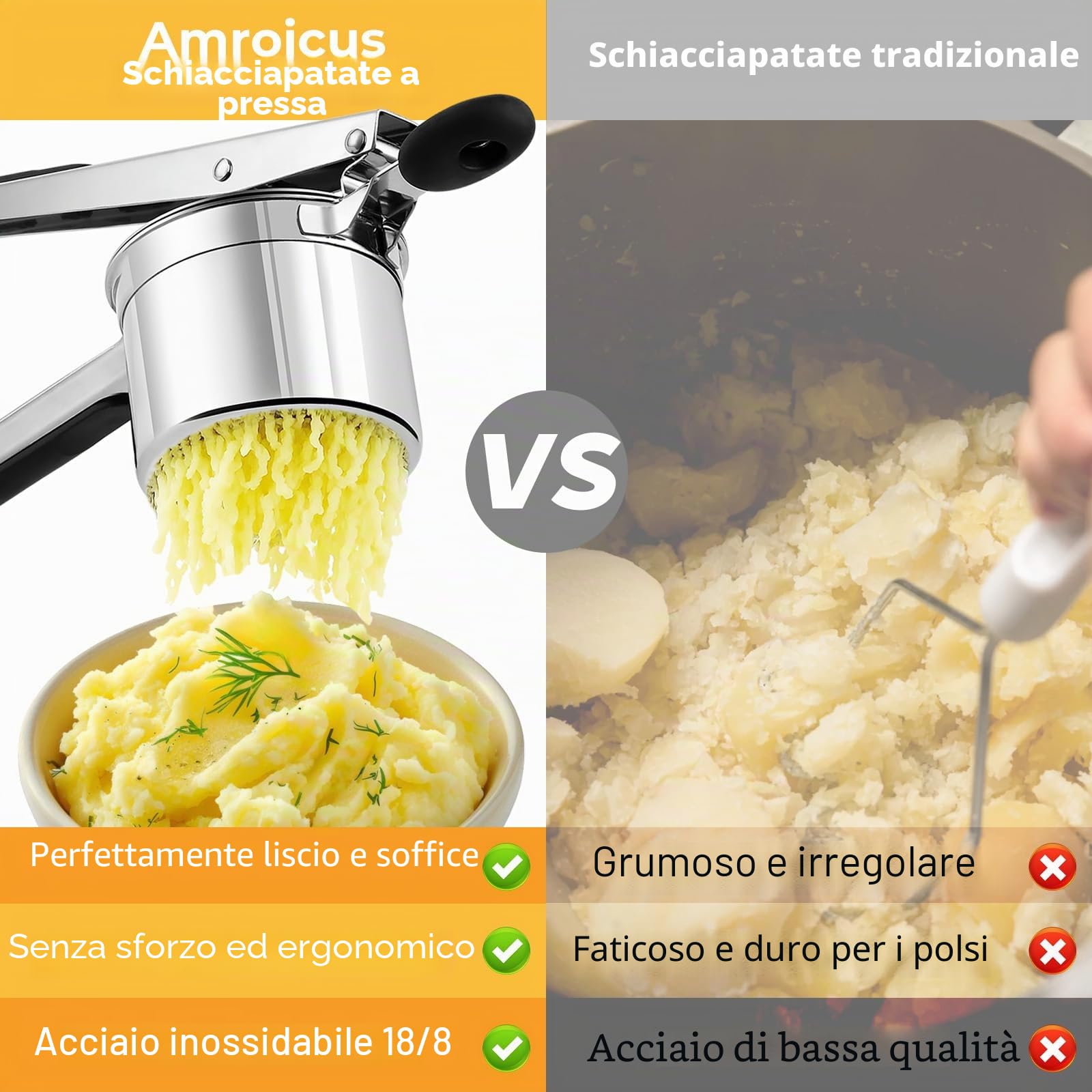 Schiacciapatate in Acciaio Inox, Grande Pressa Patate 450ml, Utensile da Cucina Robusto per Purè Morbido e Omogeneo, Passapatate e Gadget da Cucina, Macchina per Spaetzle e Gnocchi
