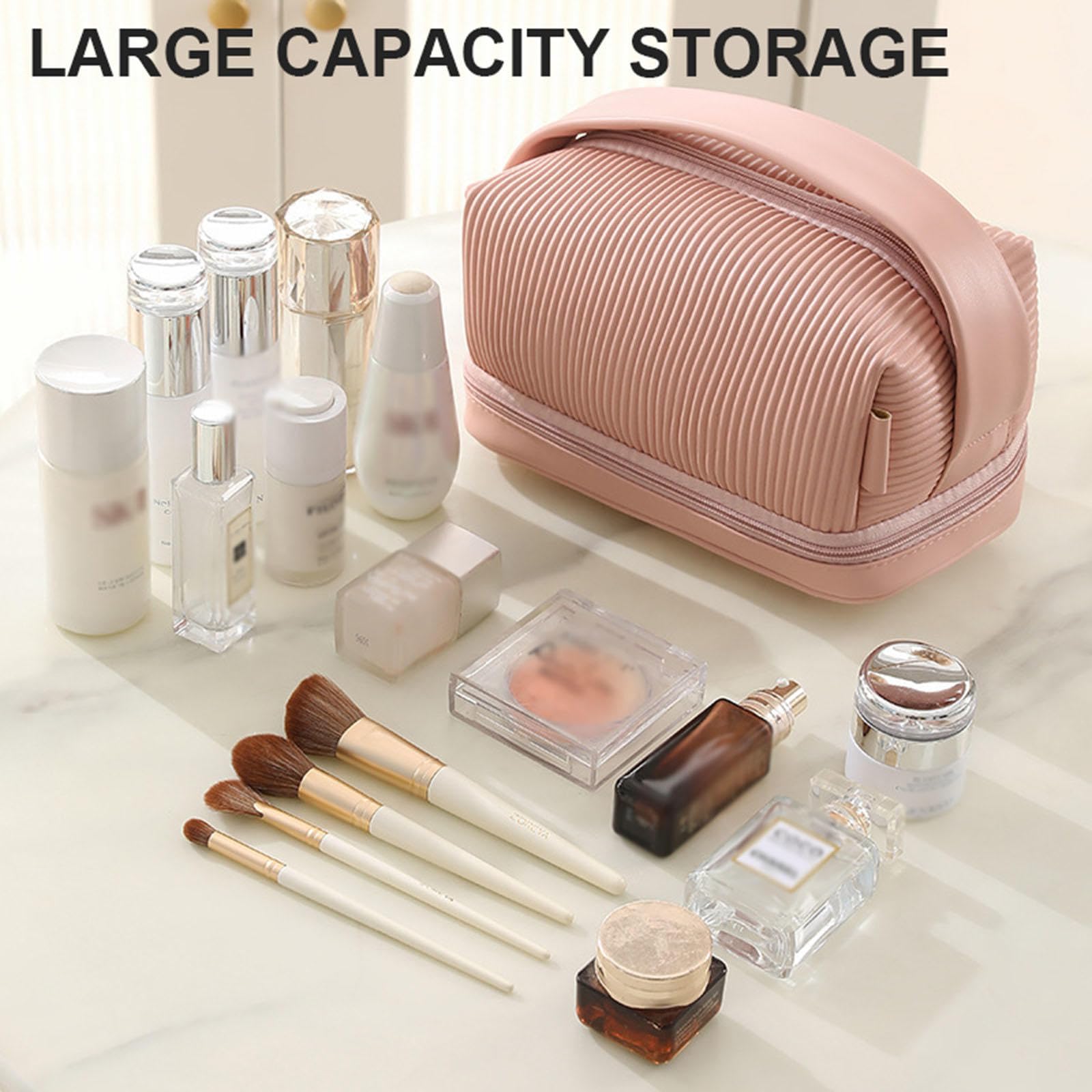 Neceser de Viaje de Gran Capacidad, Neceser Multifuncional de Piel Sintética para Mujeres y Niñas, Neceser de Maquillaje, Organizador con Cremallera,C