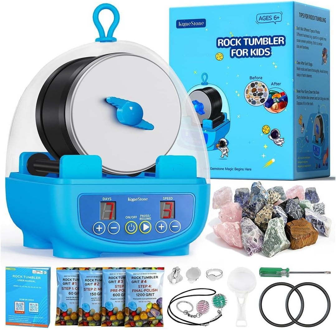 K5 Rock Tumbler Kit (1 lb Barrel) + 4 lb Grit & Polish Refill Kit – Includes 8000 Mesh Aluminum Oxide for Final Polish. Complete First‑time Tumbling Cycle. Great for Kids & Beginners.