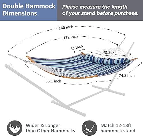 Miniatura 6 de SUNCREAT Hamaca portátil con bolsa de transporte, hamaca para 2 personas con barra separadora curva, rayas azules