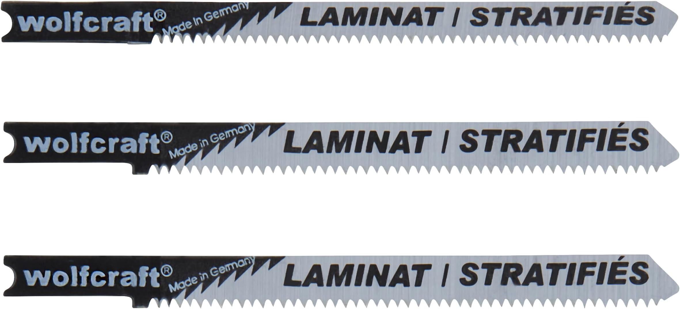 Wolfcraft 2674000 (L) hojas sierra calar vástago en U/HCS/set para laminado, planchas virutas recubiertas de plástico, entarimado limpio y fino, corte curvado PACK 3, Set of 3 Pieces