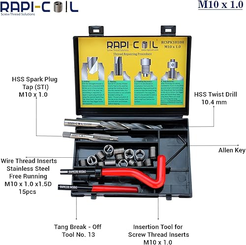 Miniatura 3 de Kit de reparación de roscas de bujía M10 x 1.0, HSS M2 Tap & Drill, insertos de alambre SS 304 - Fabricado en India