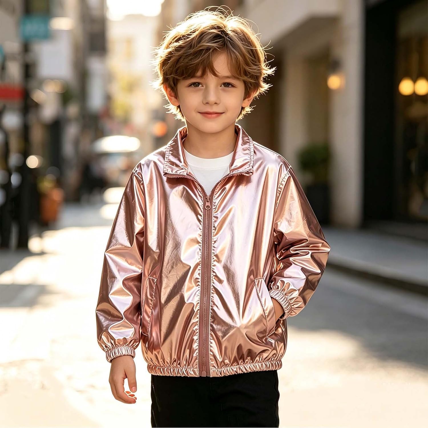 Kids Metallic Shiny Cropped Zip Jacket Y2K Party Costume