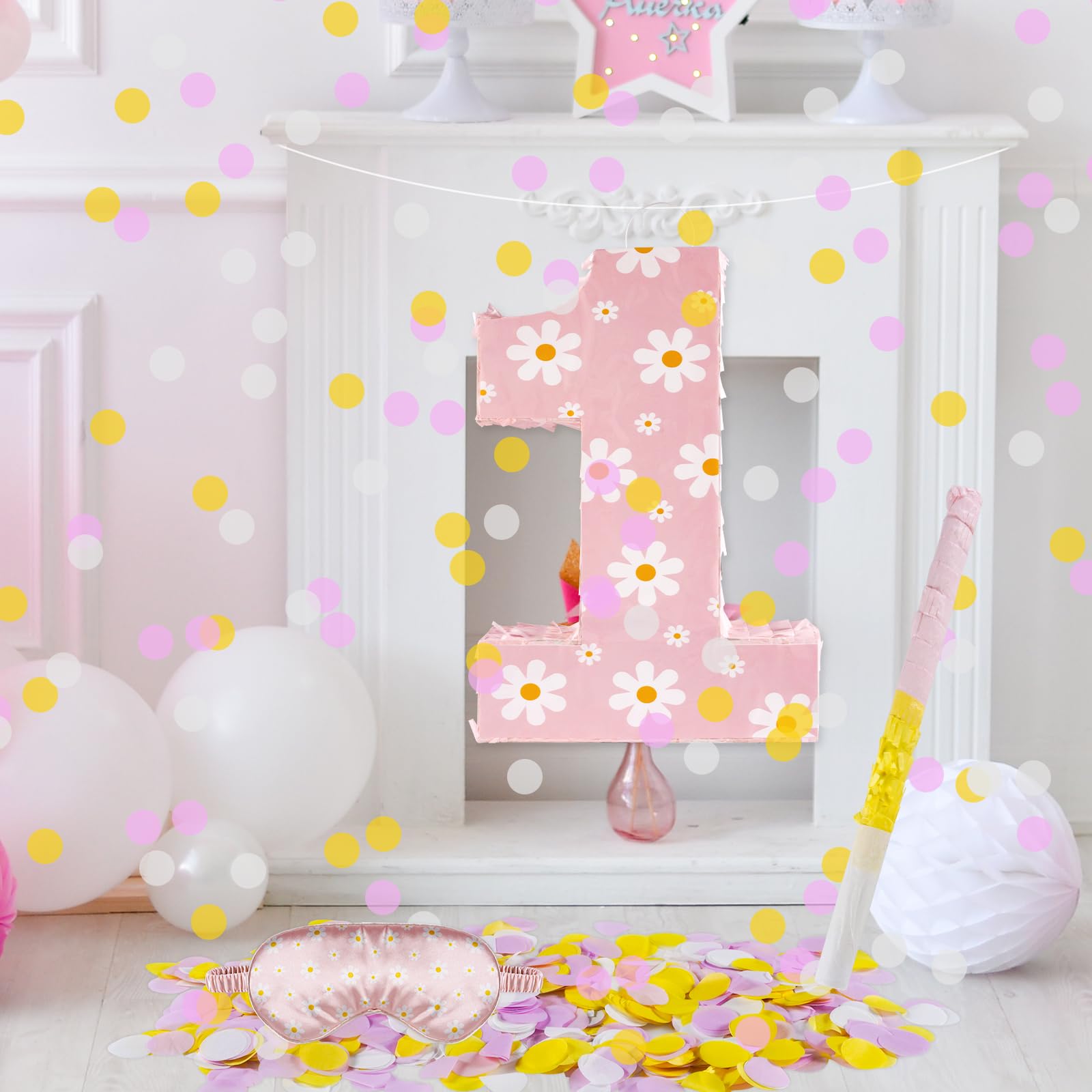 Décorations d'anniversaire en forme de marguerite – Piñata chiffre 1 avec bâton pour les yeux – Confetti pour les yeux – Fournitures de fête d'anniversaire bohème (marguerite 1)