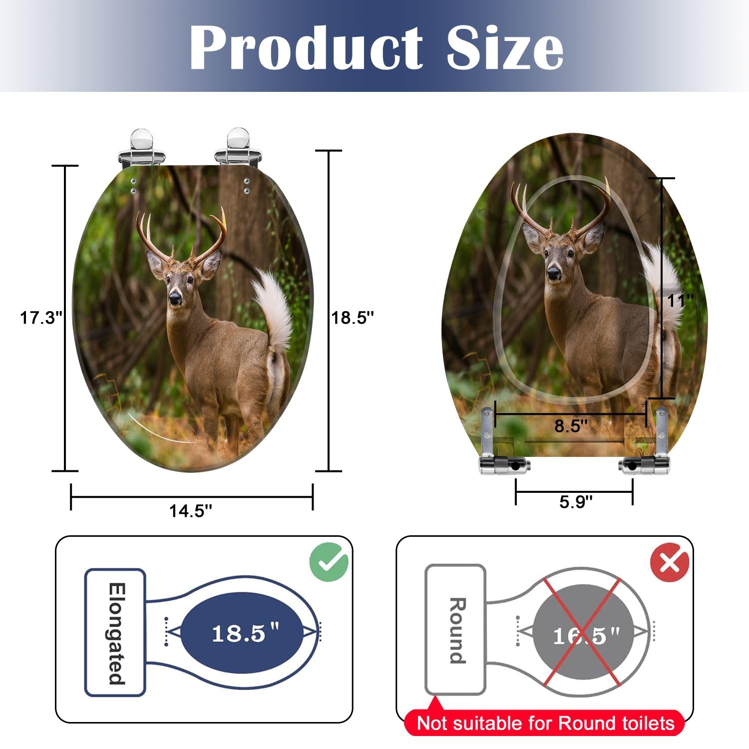Asiento de inodoro alargado con diseño de ciervo para baño.