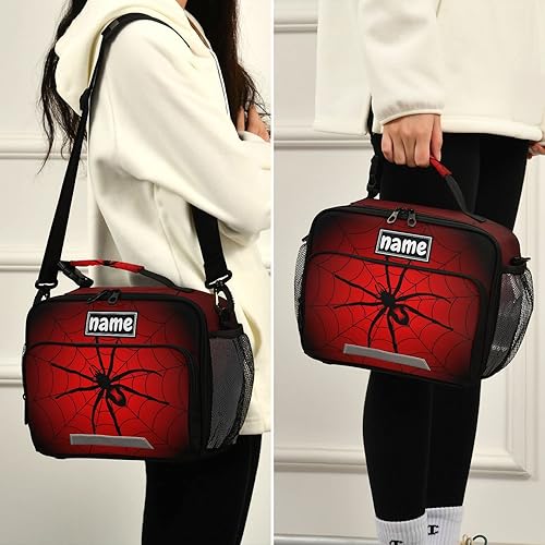 Miniatura 5 de Glaphy Bolsa de almuerzo personalizada de tela de araña de Halloween roja y negra para niños y niñas, personalizada, con tu nombre, lonchera aislada