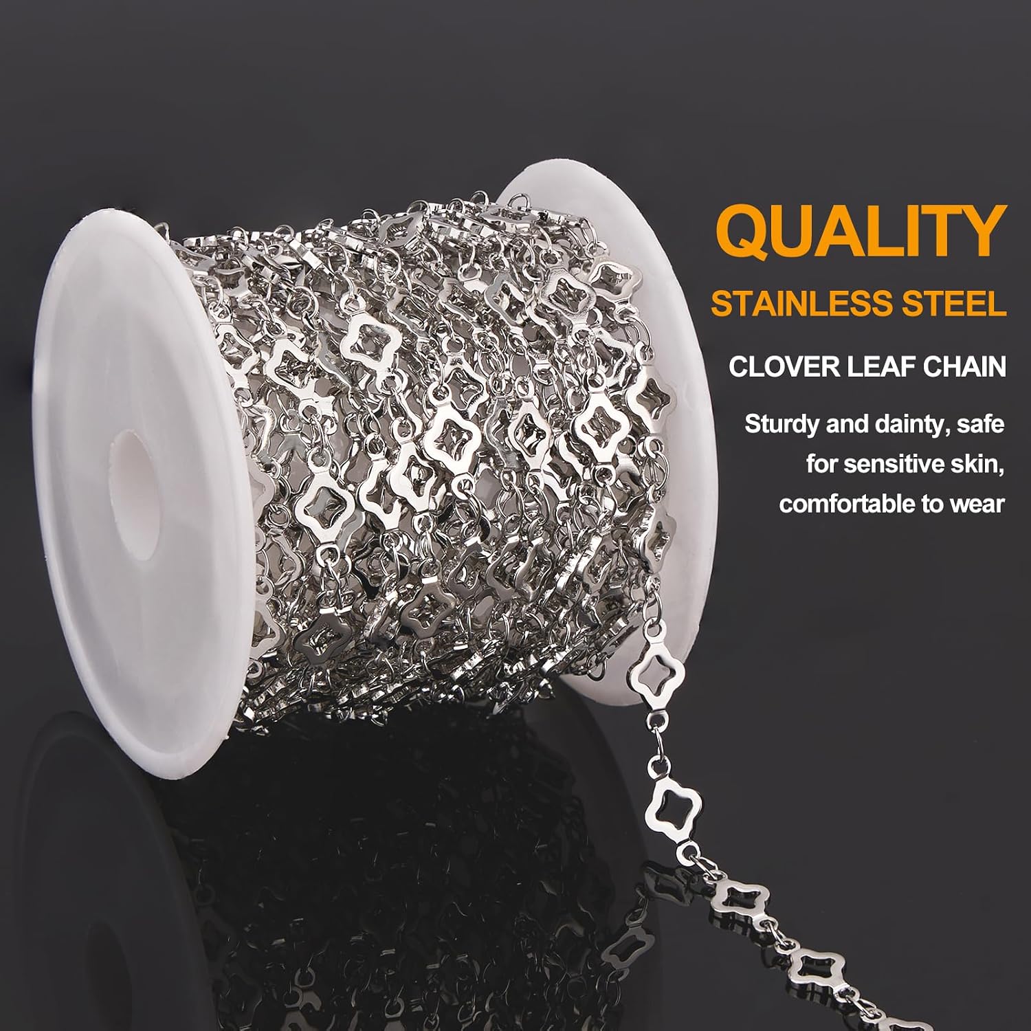KYUNHOO 13 Feet Stainless Steel Jewelry Making Chains 4 Leaf Clover Chain | Silver Bulk Jewelry Hollow Clover Chains for Making Crafts with Jump Rings Lobster Clasps