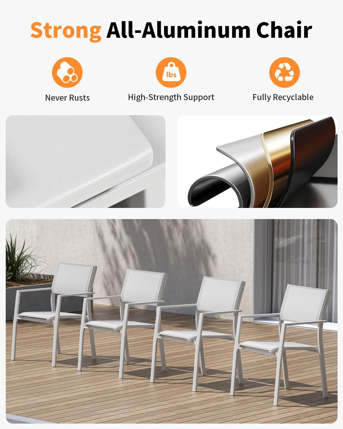 Outdoor Dining Chairs Set of 4, Stackable Dining Chairs Patio Chairs Set with Breathable Textilene, Never-Rust Aluminum Patio Dining Chairs for Outside, Indoor, Backyard, Garden, Warm Gray