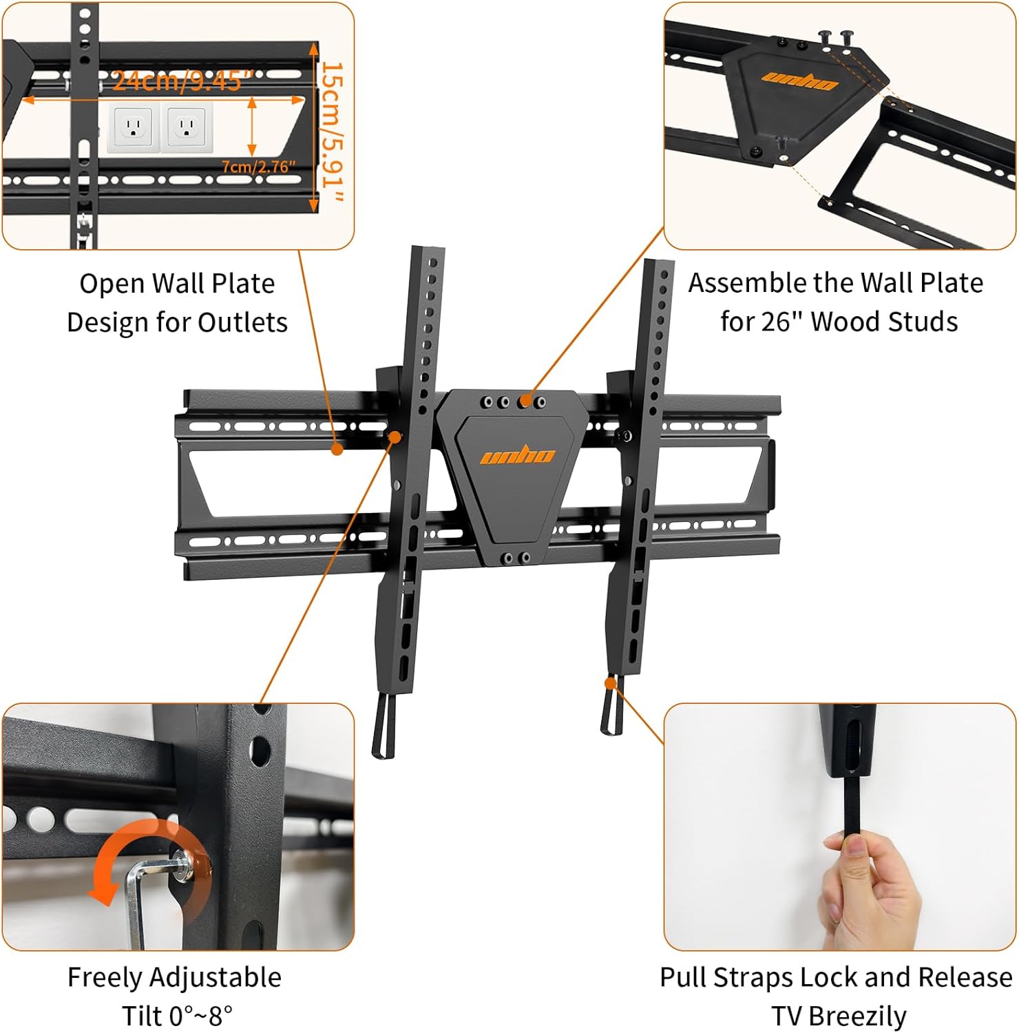 UNHO Soporte TV Pared 32-75 Pulgadas – Soporte Television Pared de Acero Inclinable 8° para Pantalla Plana LED LCD, Ultra Fino 40 mm, VESA 600×400 mm, Carga 40 kg, con Nivel de Burbuja 9