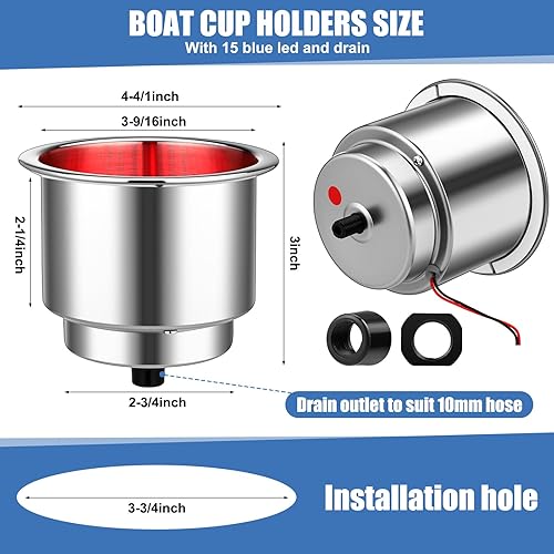 Miniatura 9 de Portavasos LED de acero inoxidable, 6 unidades, con drenaje, para barco, yate, coche, cámper, camión, caravana, luces azules