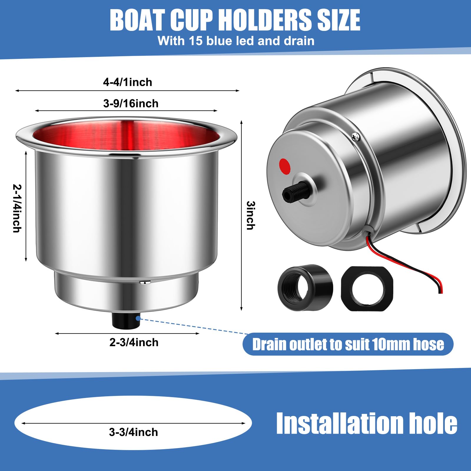 Stainless Steel Cup Holder With LED & Drain - Marine, RV, Boat, Camper Accessory (2 Pack, Blue LED)