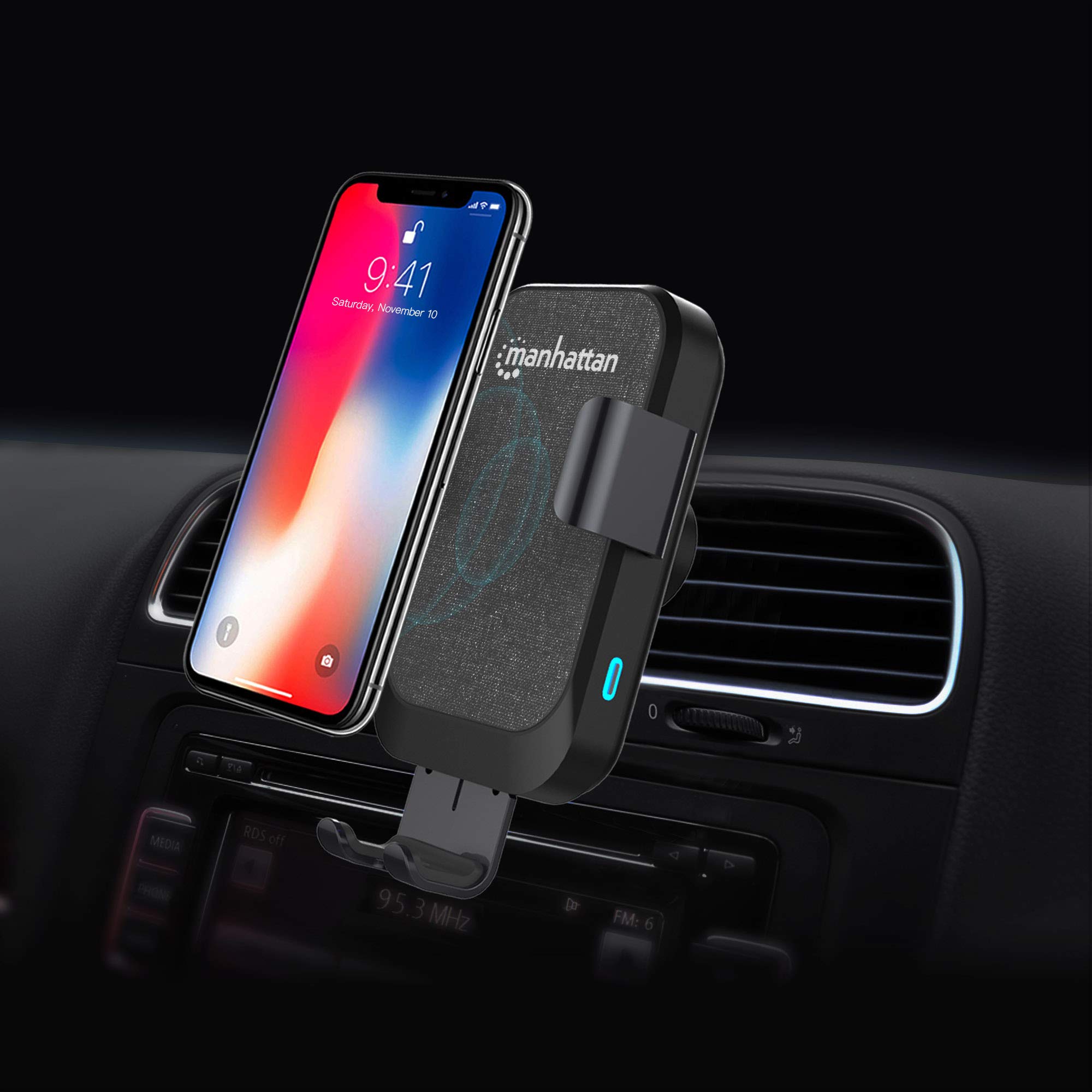 Manhattan Supporto di ricarica wireless per auto/auto, ricarica wireless da 10 W, certificato QI, clip per bocchetta dell'aria e opzioni di installazione a ventosa, 1 porta USB-A femmina, ricarica 2,1