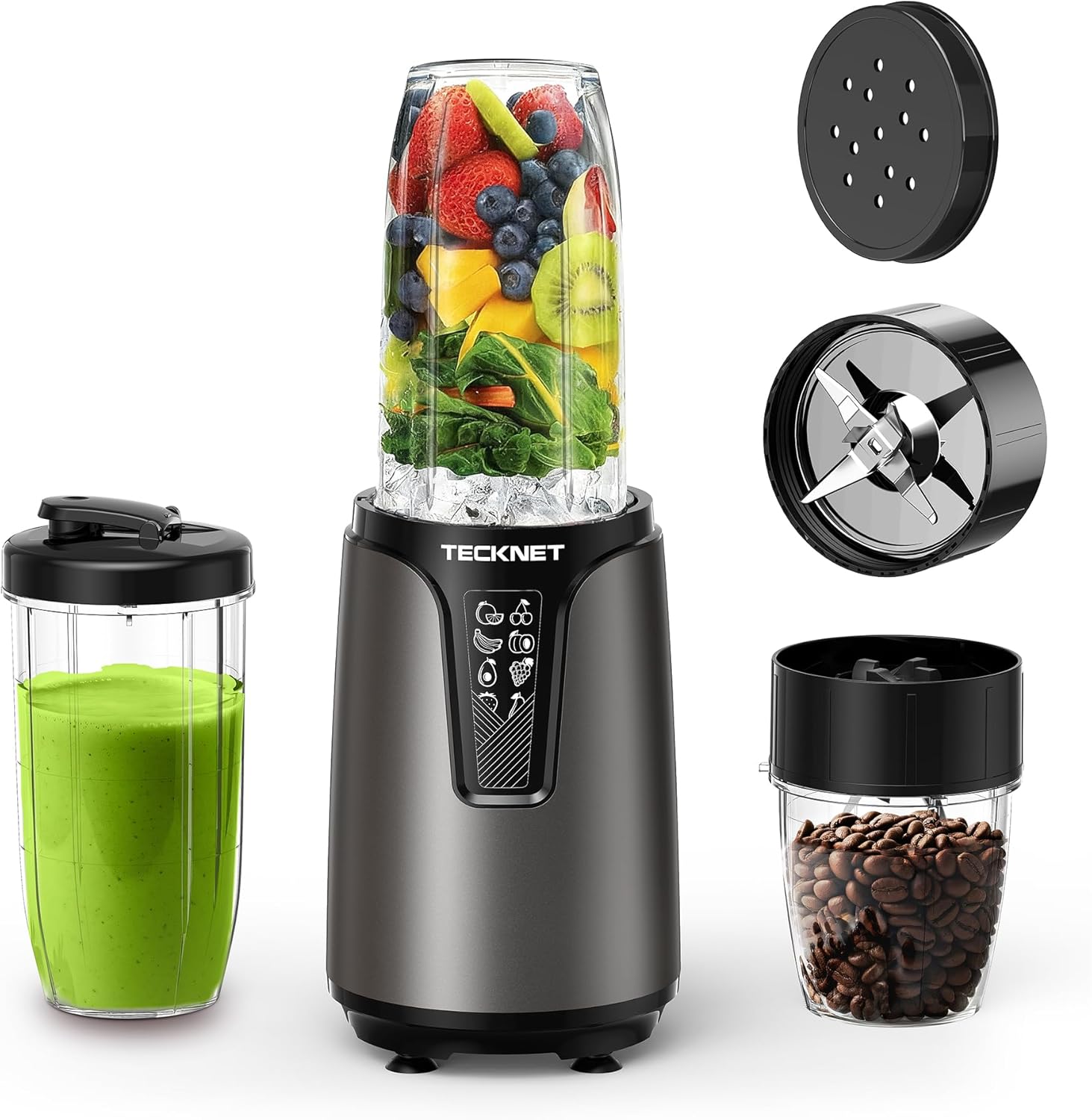 TECKNET 1000W Smoothie Maker, Smoothie Mixer mit 2 BPA-freie Becher (500ml&amp;150ml), Standmixer Klein mit Kreuzklingen aus Edelstahl 304, Smoothie Maker to go für Milchshakes &amp; Smoothie &amp; Babynahrung