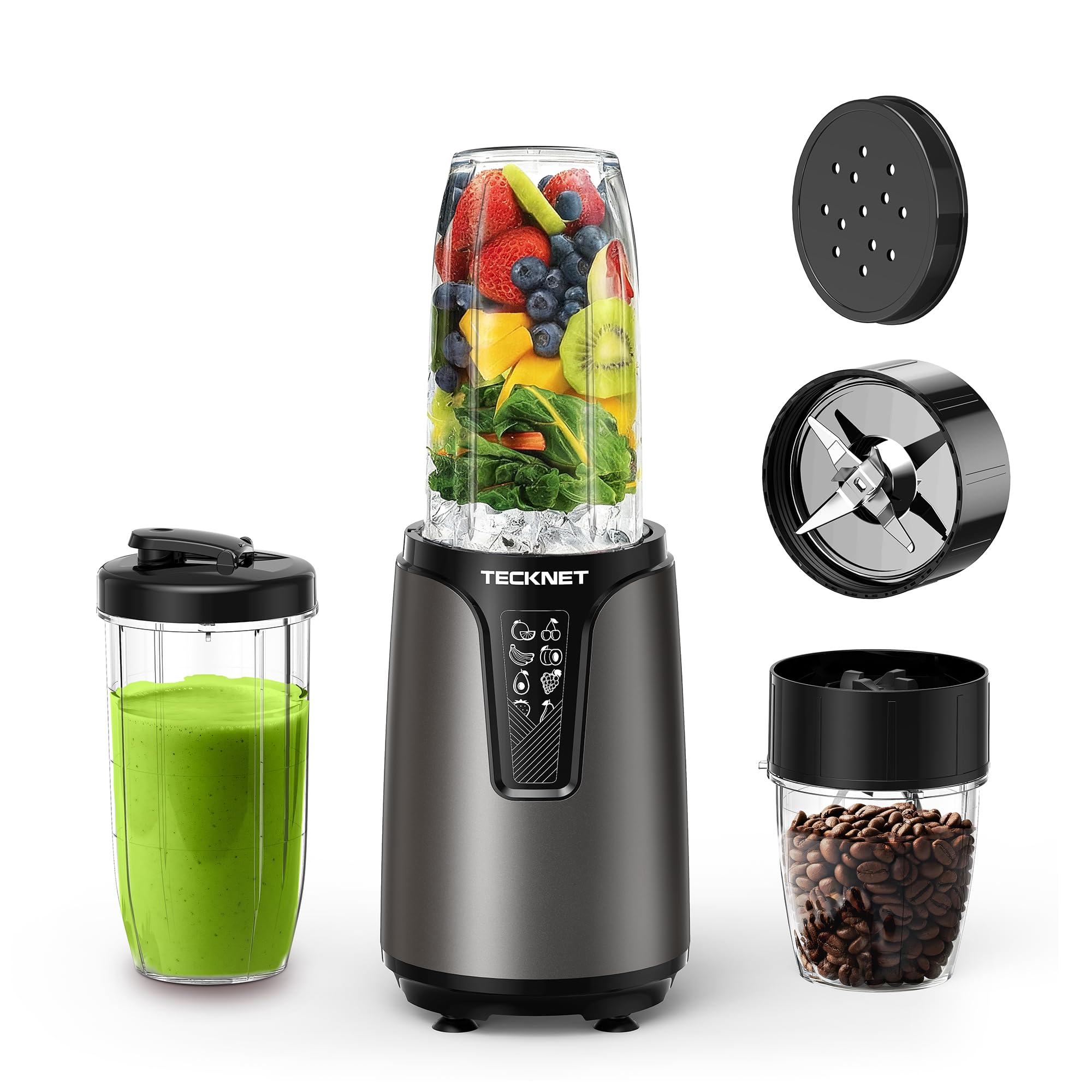 TECKNET 1000W Smoothie Maker, Smoothie Mixer mit 2 BPA-freie Becher (500ml&150ml), Standmixer Klein mit Kreuzklingen aus Edelstahl 304, Smoothie Maker to go für Milchshakes & Smoothie & Babynahrung