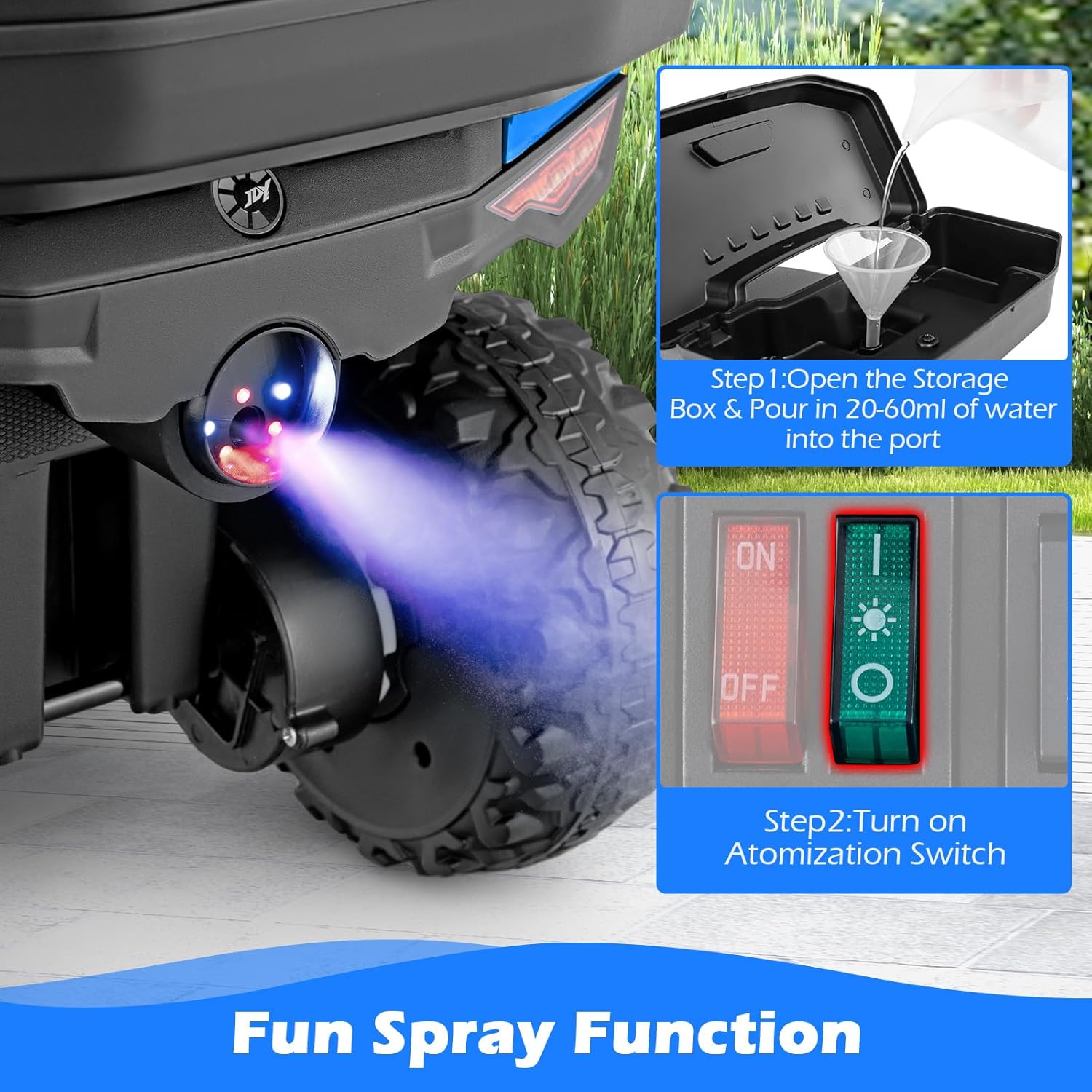 OLAKIDS Kids ATV with Spray Function, Remote Control, Storage Trunk, 6V Toddler Ride on Toy, Blue