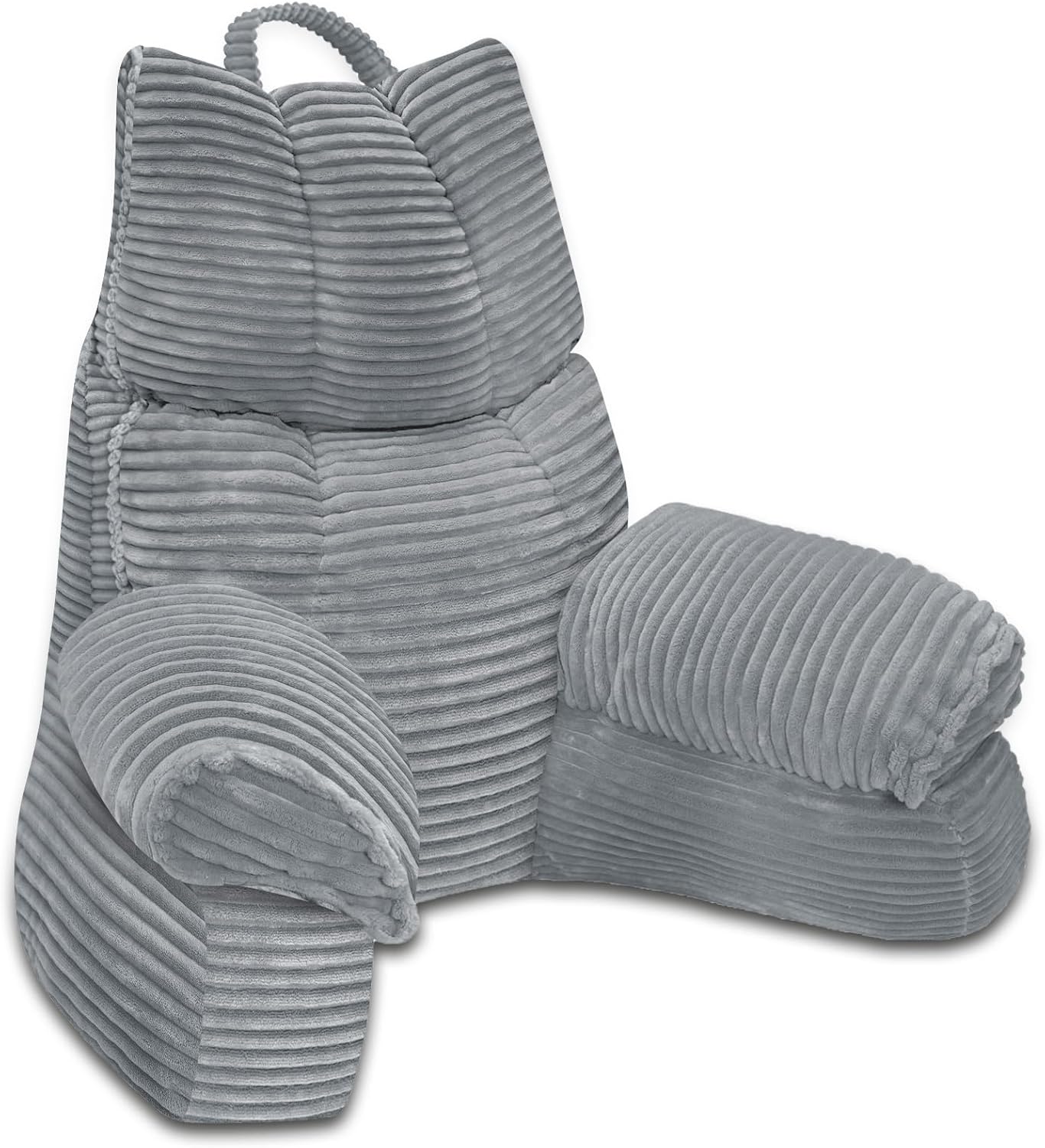 RRPAHWTV Reading Pillow for Bed with High Arm Rests,Back Support Pillow for Sitting Up in Bed with Shredded Memory Foam for Reading, TV, Gaming or Relaxing on Floor（Smoke Gray, Large）