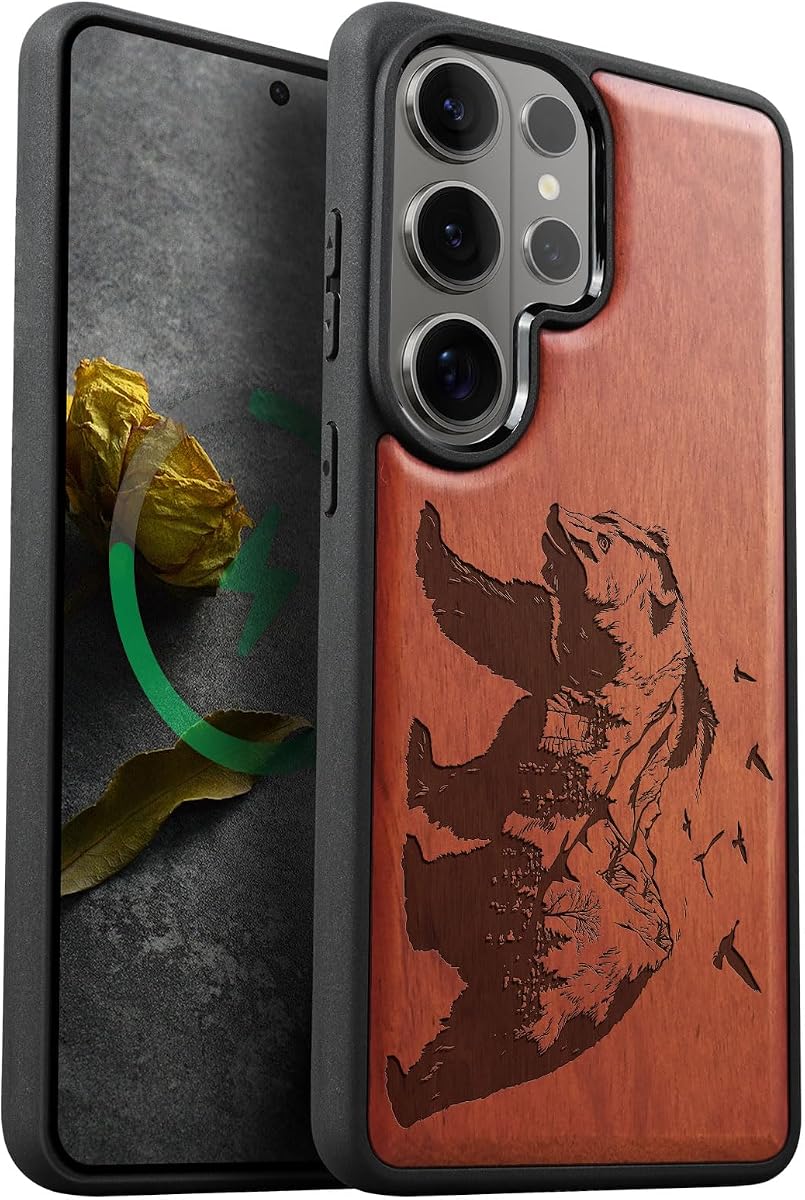 Carveit Wood Case for Galaxy S26 Ultra, Bear and Valleys, Rosy | Magnetic Samsung Galaxy S26 Ultra Case Compatible with MagSafe Wireless Chargers, Engraved Wood & Soft TPU Shockproof Bumper
