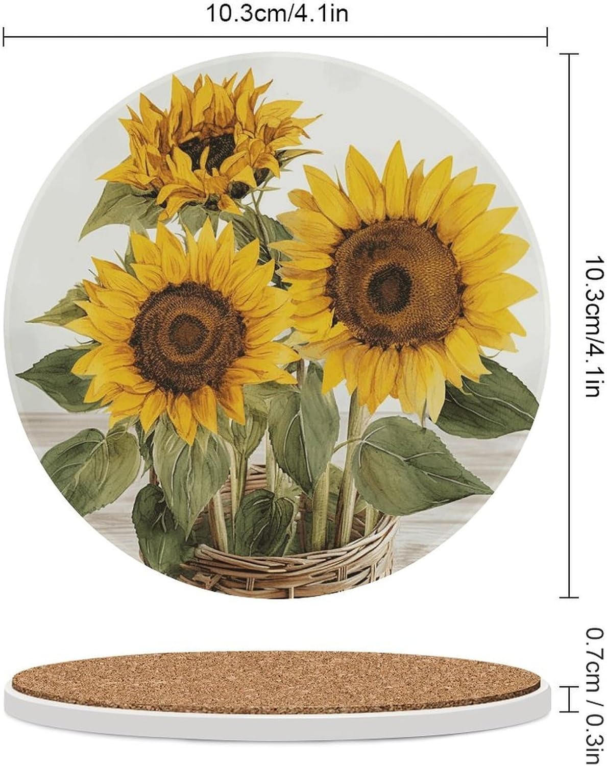 6PCS Alluring Sunflowers Summer Coasters Non-Slip Round Drink Coasters with Ceramic Stone and Cork Base, Heat Resistant Absorbent 33.00Stone Coaster Set for Kinds of Mugs and Cups, 4 Inch