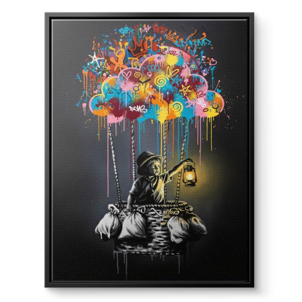 CANVEO Banksy Bilder Leinwand | Graffiti Poster Banksy Leinwand | Bild Wohnzimmer groß | Bild Schlafzimmer über Bett | Wandbilder modern mit Rahmen | xxl Bilder Flur Wanddeko