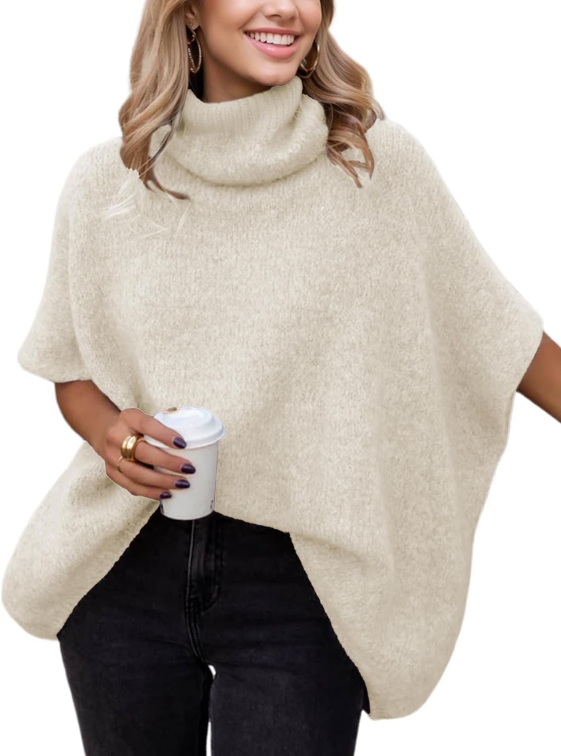 Womens Turtleneck Short Batwing Sleeve Sweater Knitted Oversized Chunky Dolman Tops