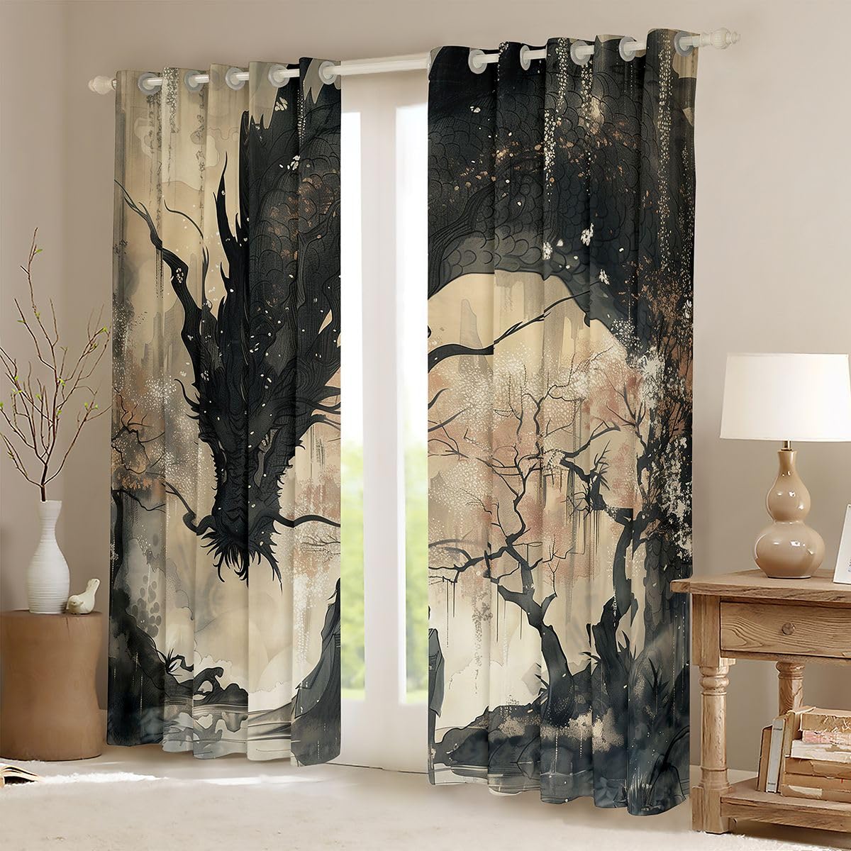 Homemissing Cortinas de dragón de anime (2 paneles, 66 pulgadas de ancho x 90 pulgadas de largo) para niños y niñas, diseño de dragón de sombra del 30% al 50%, cortinas opacas japonesas Ukiyoe