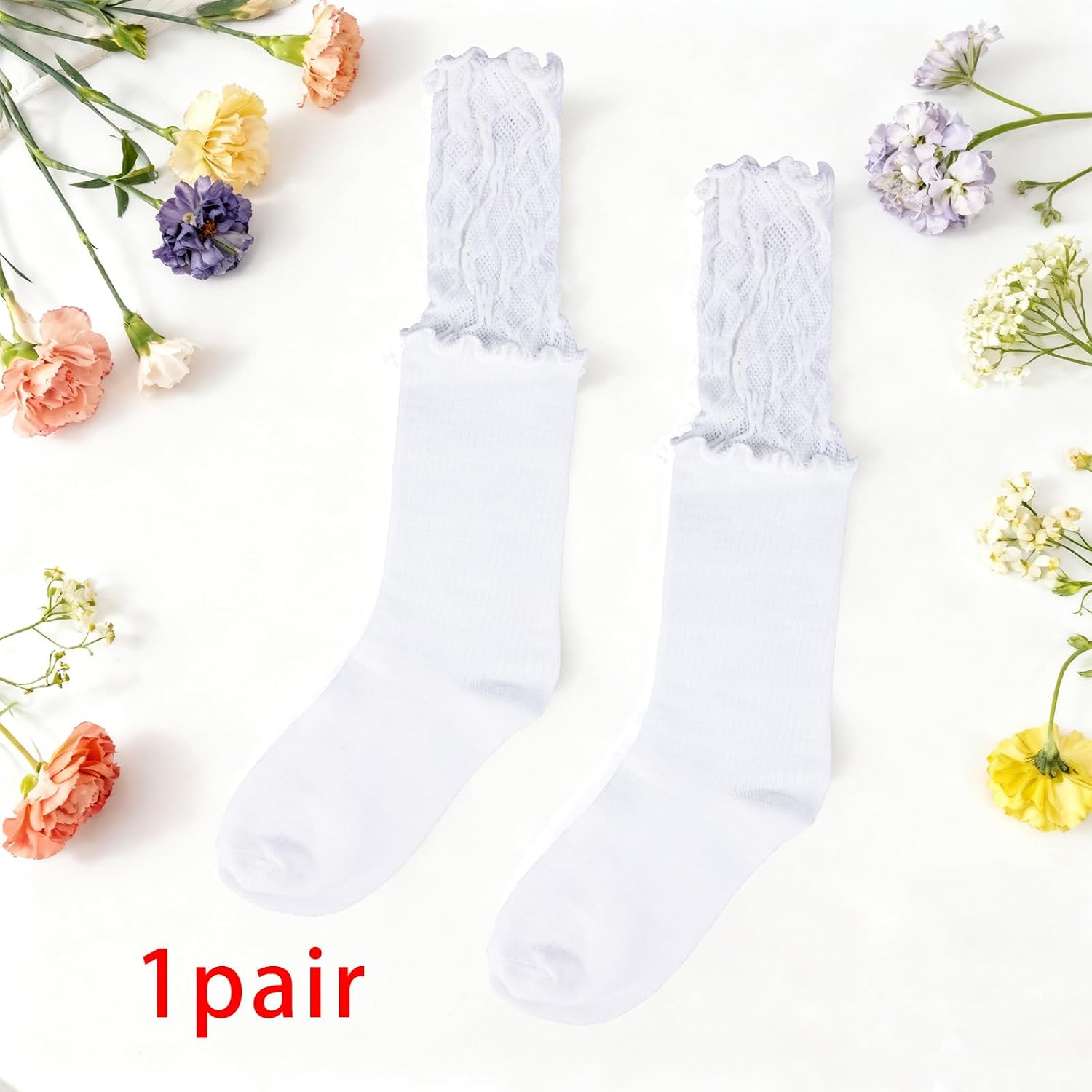 Mikovivi Women's Lace Patchwork Knee High Socks, Cute Y2k Boot Socks Long Kawaii Lolita Dress Knee High Lace Panel Stockings (White)