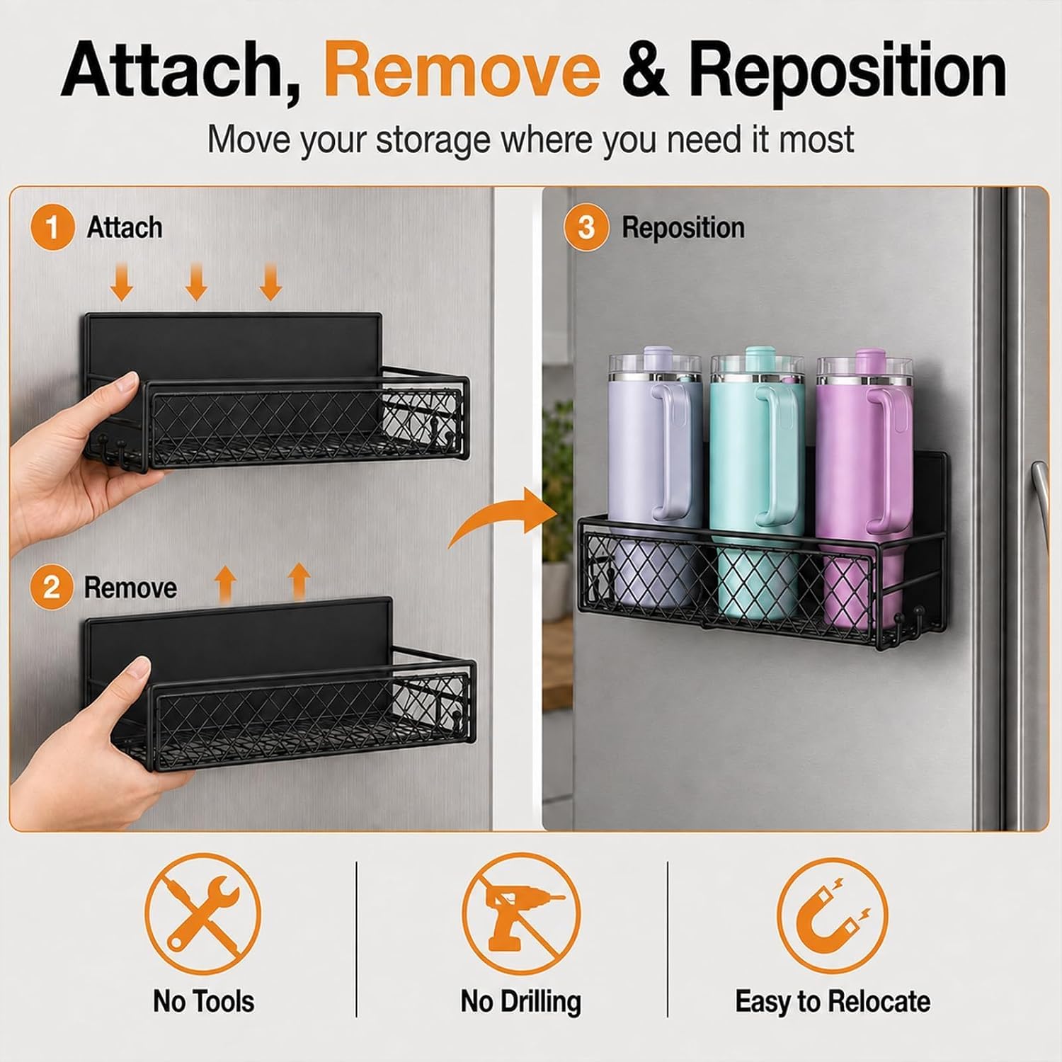 2 Pack Magnetic Cup Holder Heavy Duty, 6 Cup Mesh Water Bottle Storage Organizer with 8 Side Utility Hooks for Stanley Yeti Tumbler Cups, Side of Fridge Rack for Kitchen, Garage, Pantry, RV - Black
