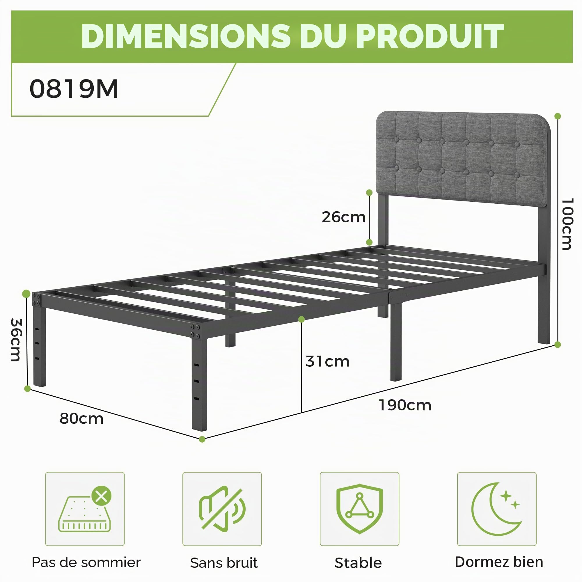 Lutown-Teen 80 x 190 cm Lit en Métal avec Tête de Lit Rembourrée Grise