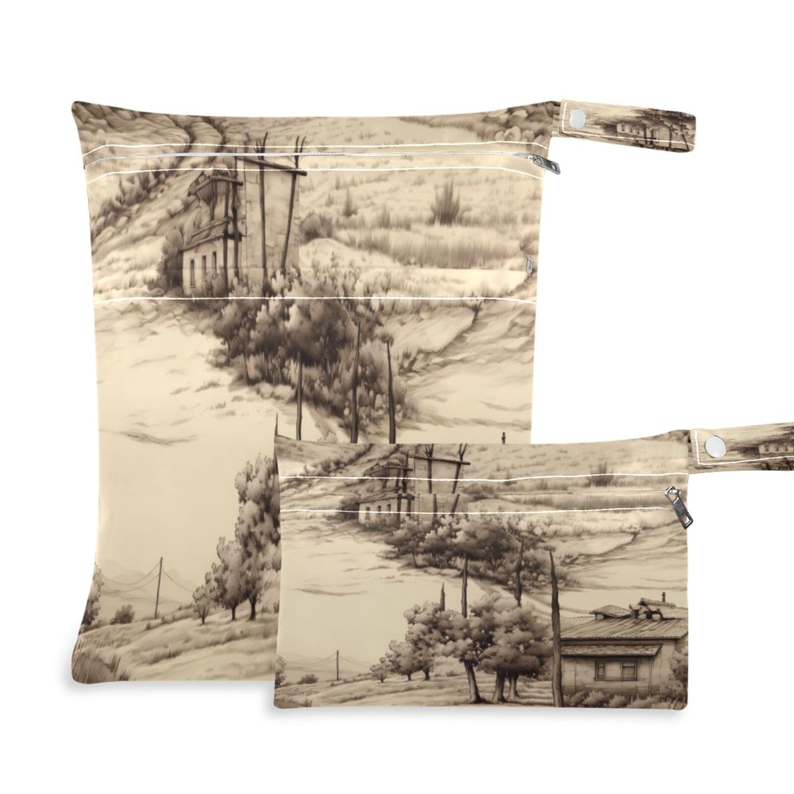 ATTX Tuscan House Wet Dry Bags 2-Pack - Reusable Cloth Diaper Storage for Travel, Beach & Gym | Multi-Use Waterproof Bags for Swimsuits, Baby Clothes, Sports Gear#354