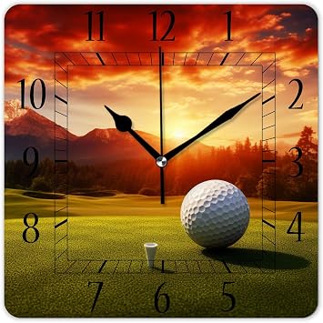 Decorative Wall Clock 10 Inch Silent Square Clocks for Home Living Room Kitchen,Golf Ball Sport Sunset Sky Multicolor