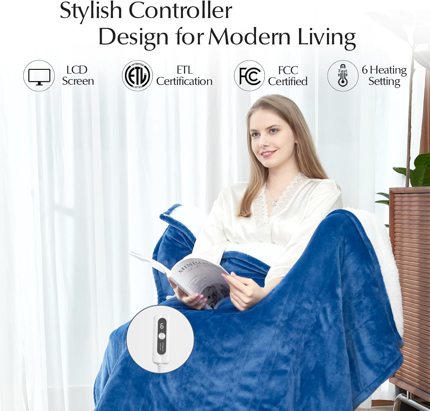 Heated Blanket Throw Size, Soft and Cozy Electric Heating Blanket for Bed, Automatic Safety System 6 Heating Levels & 4 Hours Auto-Off, 50" x 60" Newport Blue