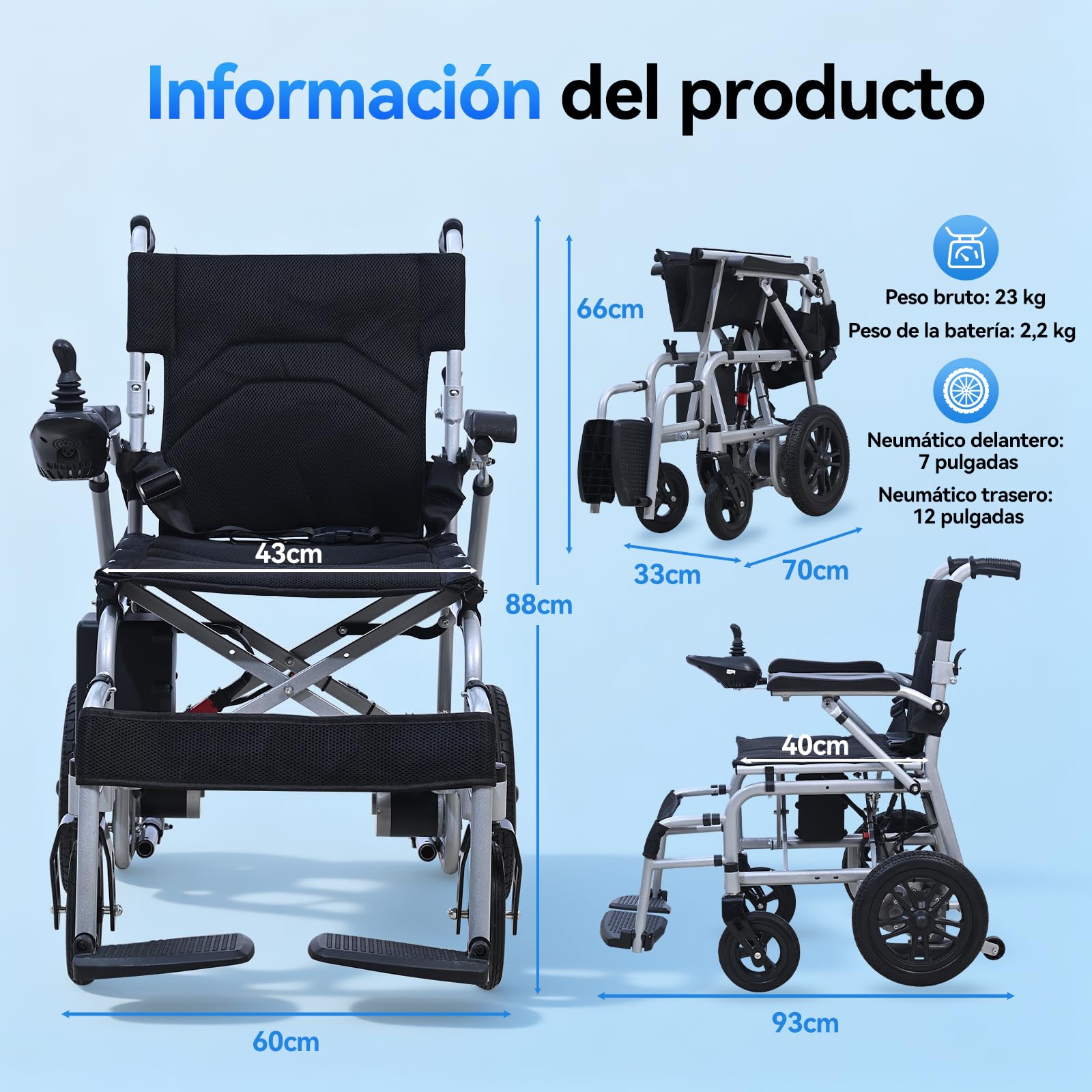 [Nuevo ] Silla de ruedas eléctrica plegable D12 para mayores, equipada con batería litio 12Ah, 20Km autonomía, neumáticos antipinchazos, estructura antivuelco, apta para transporte aéreo