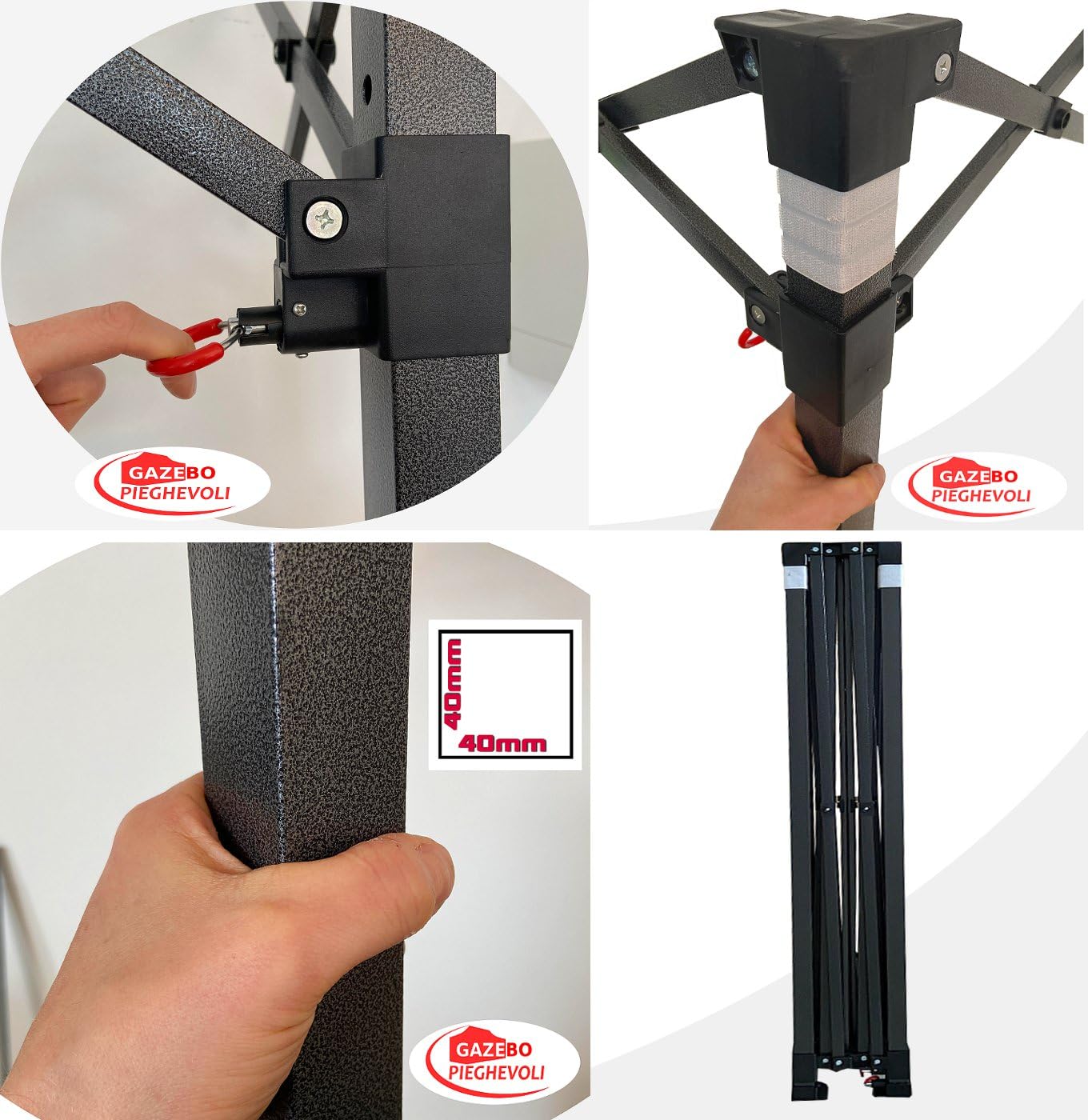 Gazebo certificato IGNIFUGO pieghevole acciaio portatile estendibile richiudibile estensibile per fiere eventi stand chiosco tenda tendone mercato mercatino (laterali esclusi) (Nero, 3x3m)
