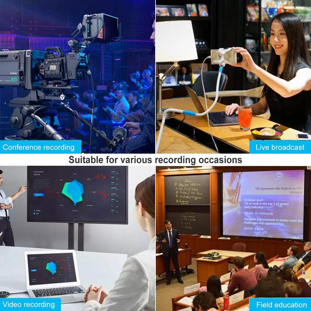 Four panels showing different use cases: conference recording, live broadcast, video recording, and field education.