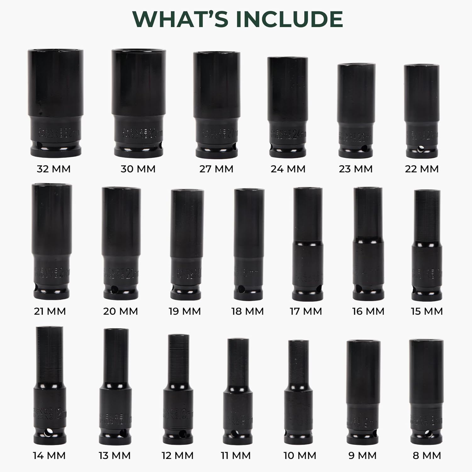 1/2" Drive Impact Socket Set, 20pcs Socket and Drive Tool Kit, Standard Metric Sizes(8-32mmm) Mechanics Tools Kit Sockets Kit Metric Drive Socket Set with Plastic Toolbox