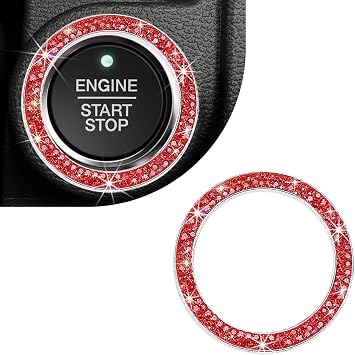 Car Bling Engine Start Ring Decal, Crystal Double Rhinestone Push to Start Button Decorative Cover, Sparkling Auto Key Ignition & Knob Ring for Women Girls, Car Accessories Red