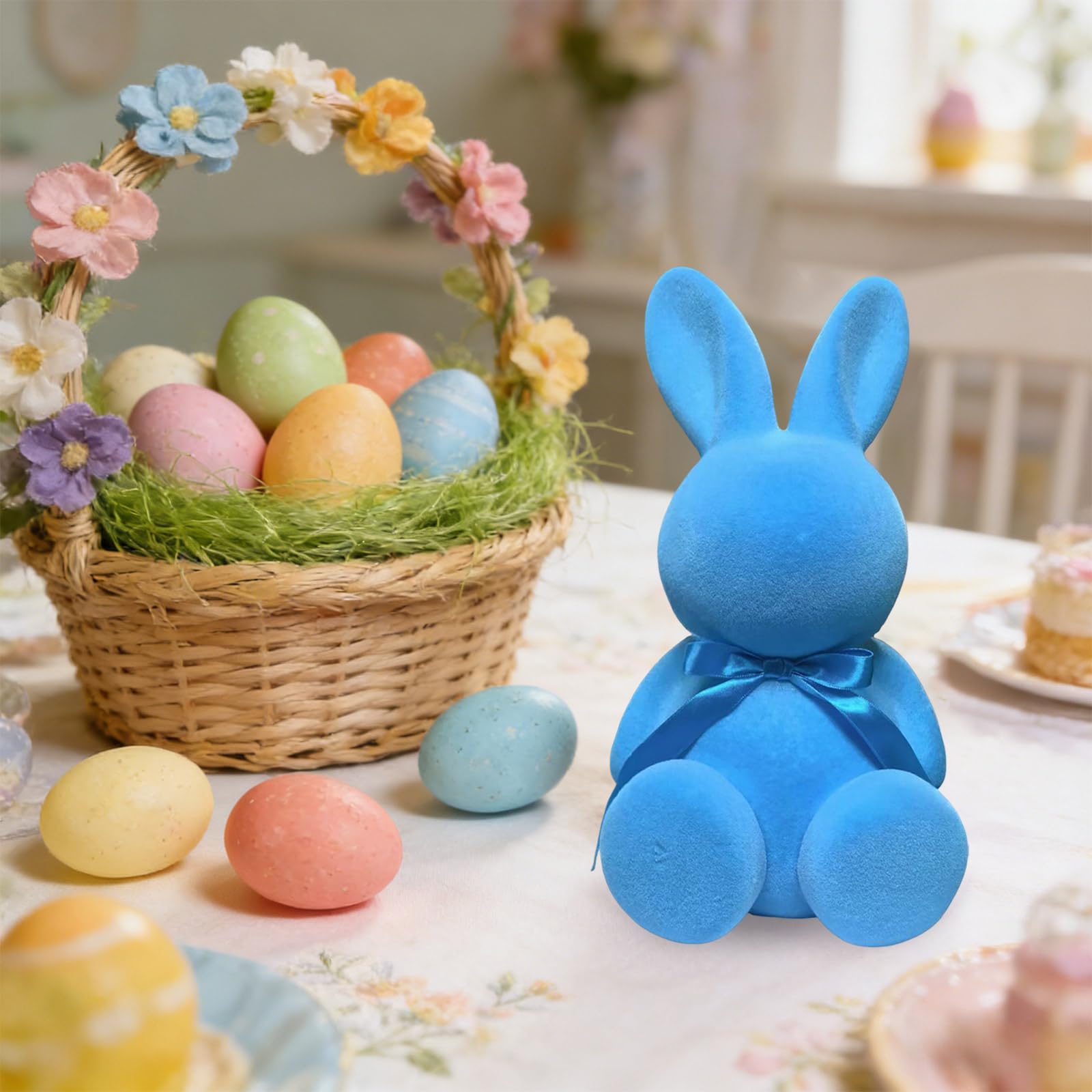 Osterhasen mit Schleifen, Sitzender Hase Deko Hase,Hasenfiguren in Pastellfarben für Tisch, Regal & Wohnraum, Frühlingsdeko (Lila/Magenta/Blau/Rosa)