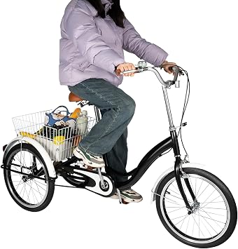 Adult Tricycle 20 Inch with Rear Basket, Adjustable Seat & Handlebar, Non-slip Wheels, Single-speed Three-wheeled Bike for Rides, Picnics, and Shopping on Various Roads