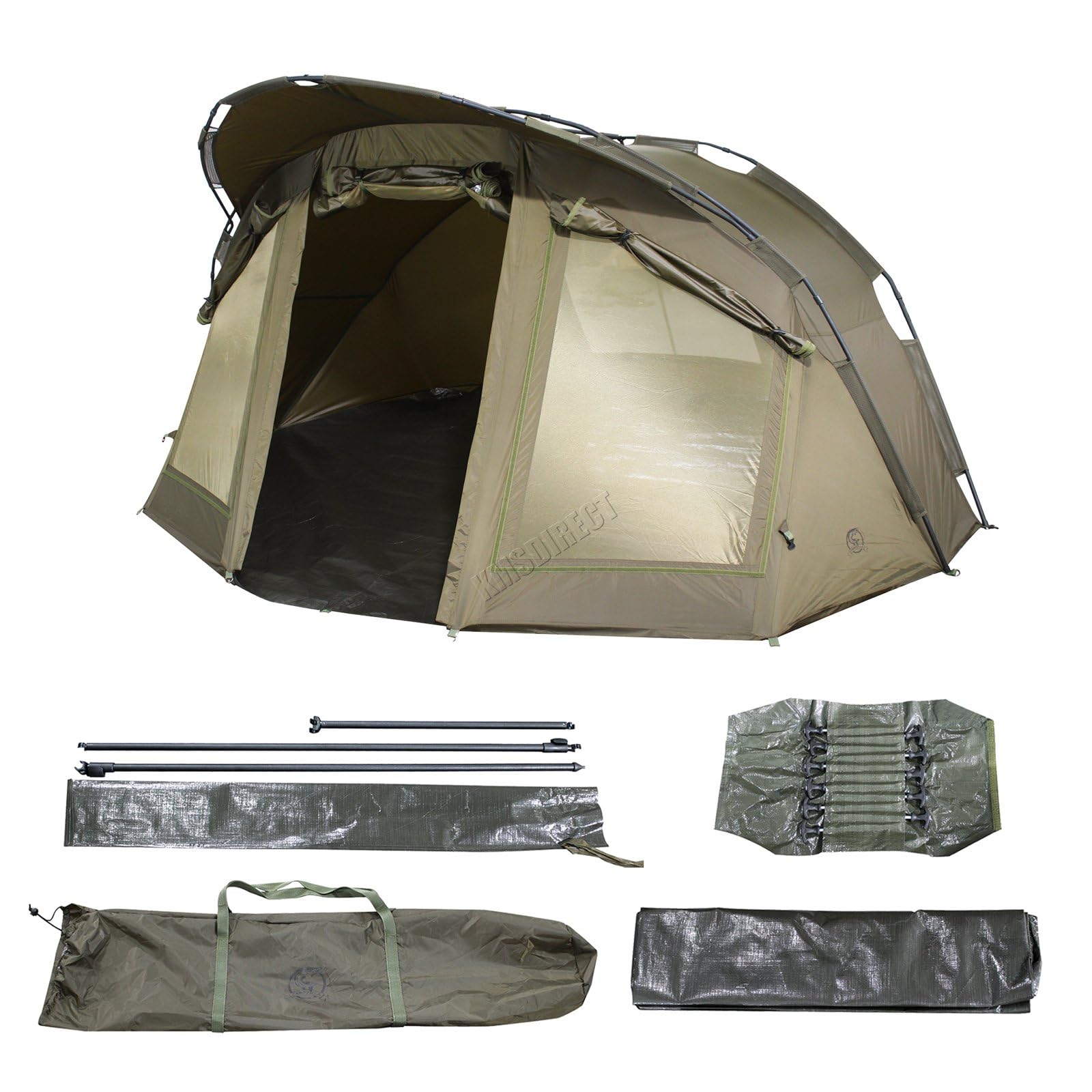 CARPZILLA Fishing Bivvy 2 Man With Door And Windows Waterproof 210D PU Aluminum Frame Portable Outdoor Shelter Camping Fishing Tent Shelter Carp Gear Equipment Ground Sheet Carry Bag 14 T Pegs Green