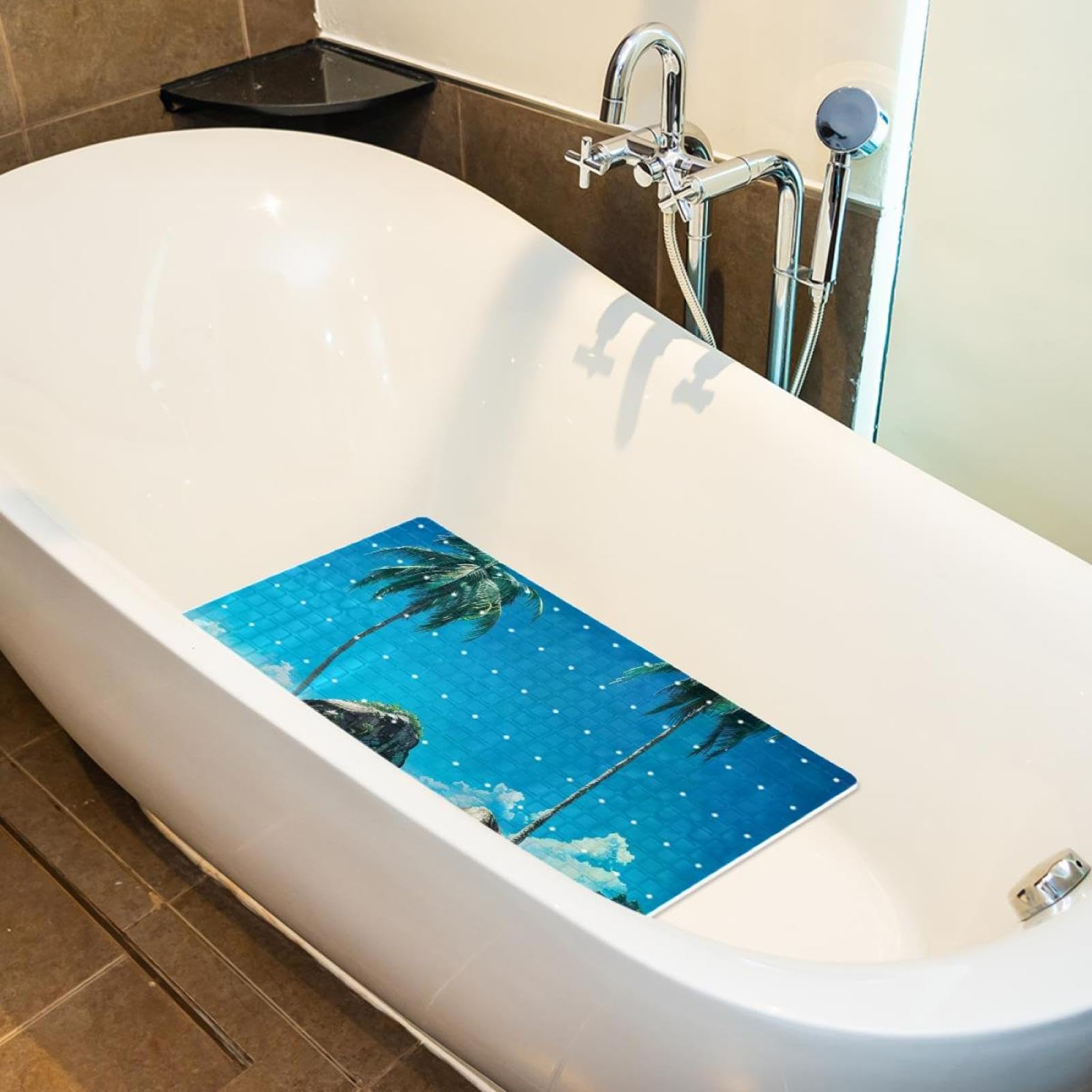 Tapis de bain de qualité supérieure - Antidérapant, facile à nettoyer et sans danger pour toute la famille - Bleu ciel et récif de mer - Palmier