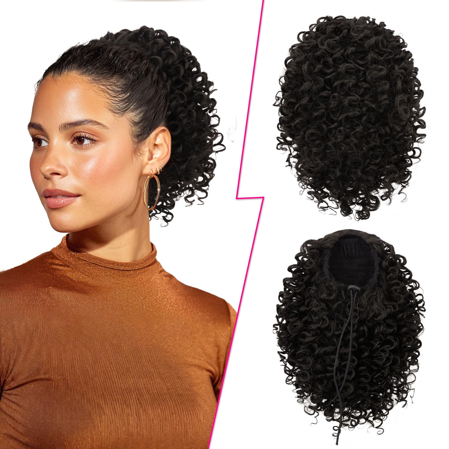 PEACOCO Cheer Ponytail Hair Piece, Cheer Hair Piece Curly 12 Inch Drawstring Ponytail Extension Synthetic Short Afro Puff Kinky Curly Ponytail for Women (Black Brown)