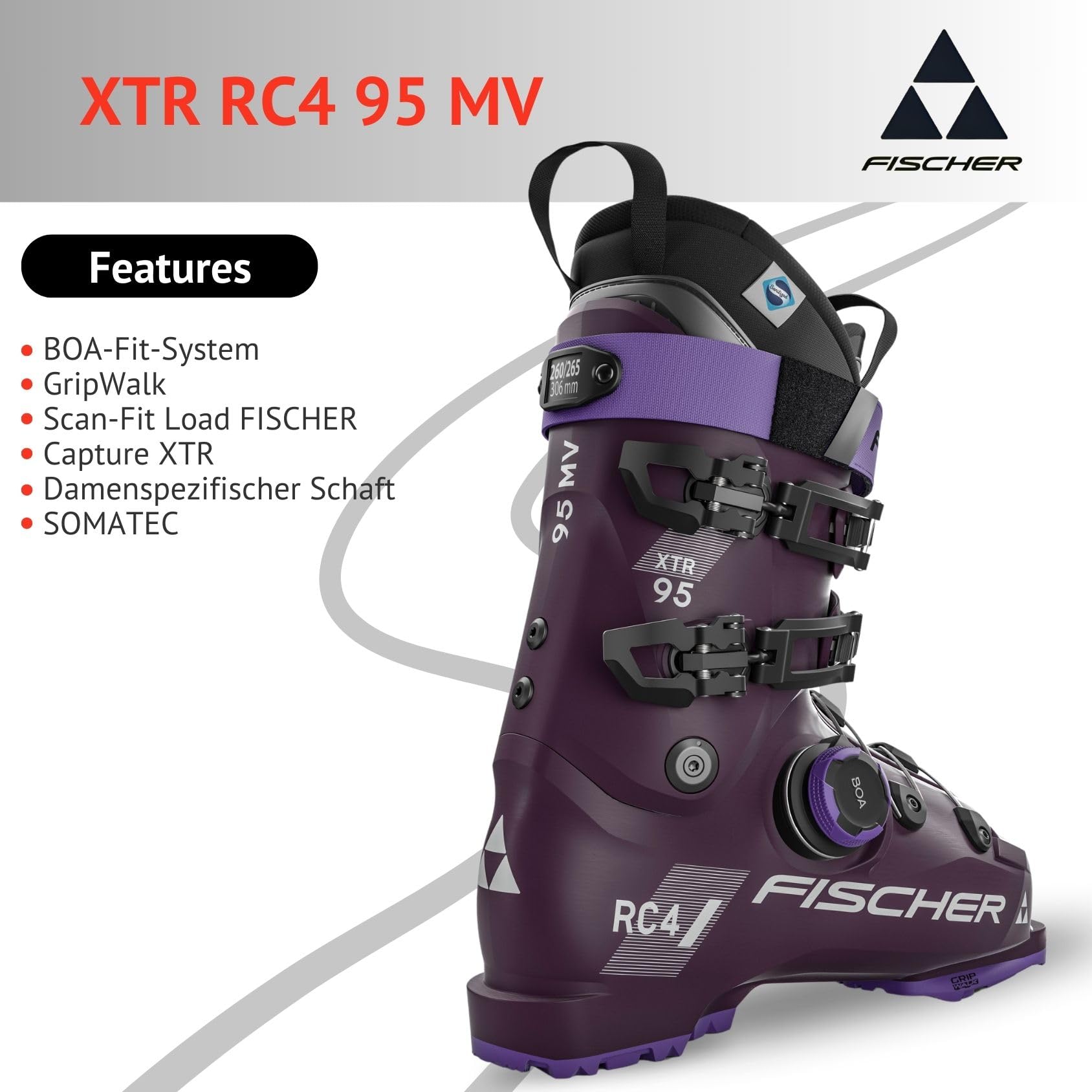 Fischer Damen Skischuhe Skistiefel Alpinskischuhe Alpin-Skistiefel Alpinstiefel für Frauen XTR RC4 95 MV - Flex 95 - GripWalk - Allmountain - für fortgeschrittene Fahrer