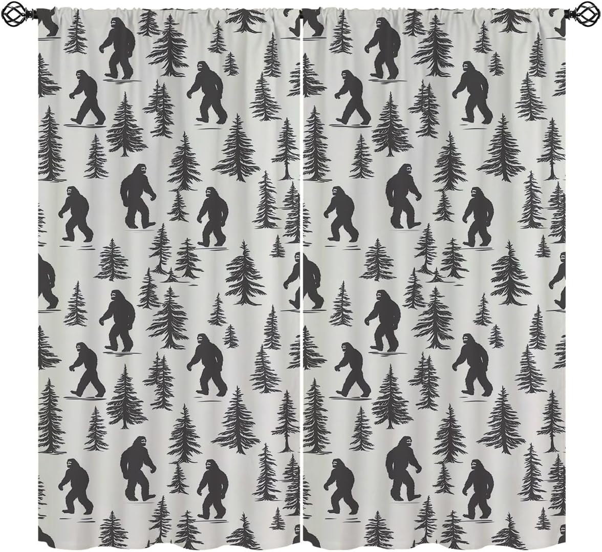 Bigfoot Blackout Curtains for Girls Boy Home Decor, Fog Forest Tree Cool Mystery Sasquatch Print Rod Pocket Thermal Insulated Drapes Darkening Window Curtain for Bedroom Living Room, 42 x 45 Inch
