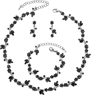 Brides Bridesmaid Flower Leaf Choker Necklace Dangle Earrings Link Bracelet Austrian Crystal Wedding Jewelry Set for Prom Costume Party Accessories for Woman