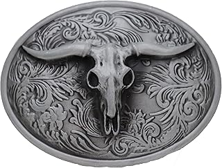 Men Women Belt Buckle Silver Metal Oval Shape Bull Texas Long Horn Cow Rodeo