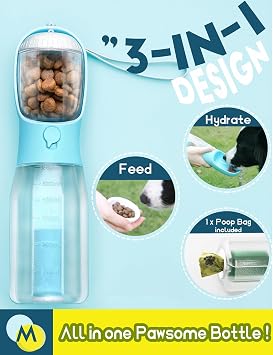 Portable Water Bottle for Dogs, 3 in 1 Pet Travel Bowl Dispenser with Food Treat Container & Poop Bag Holder, Summer Outdoor Walking Hiking Accessories for Large Dog On The Go - White, 20oz
