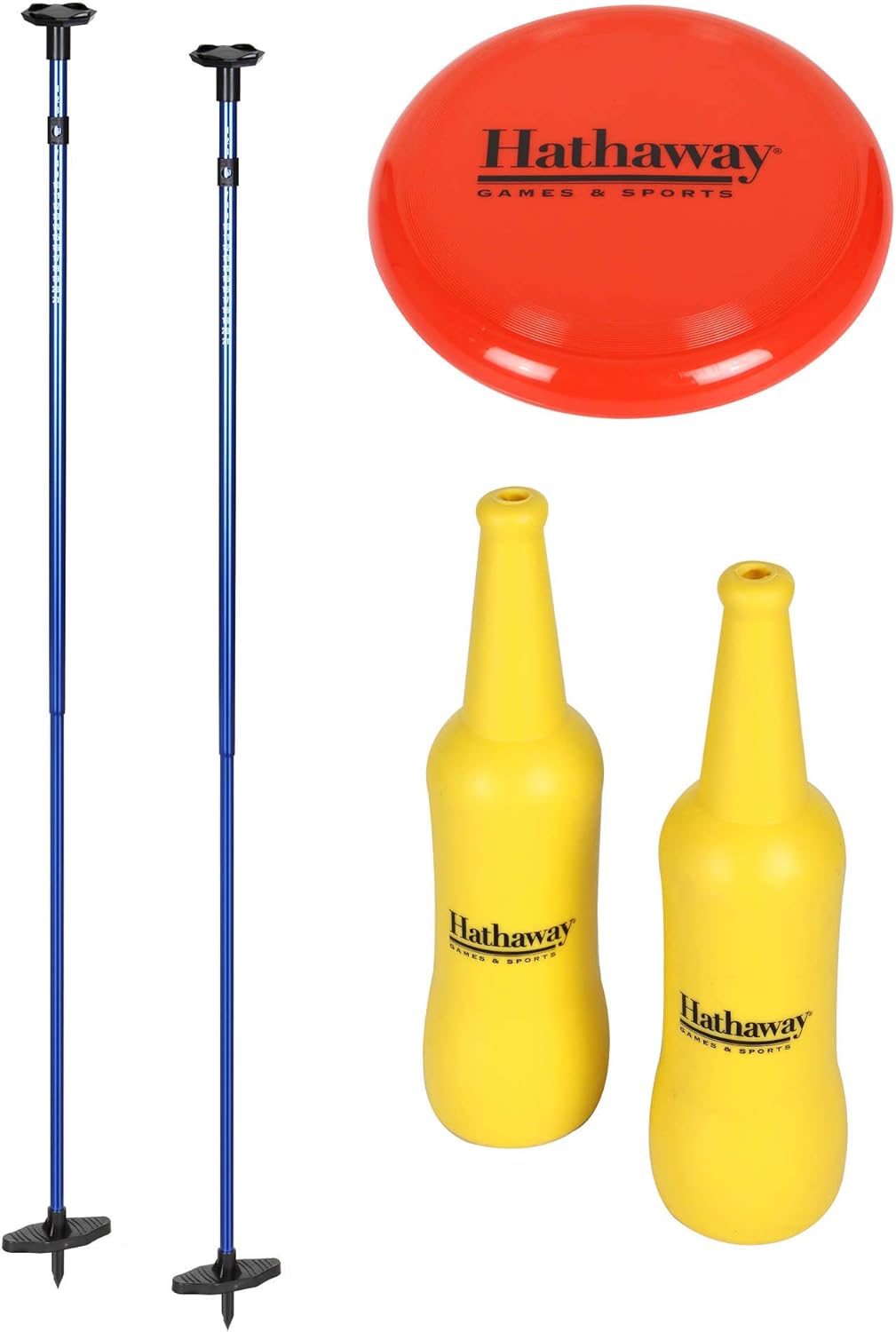 Hathaway Polish Horseshoes Set with Throwing Disc, Crash-Resistant Bottles, Aluminum Poles & Built-in Scorers for Polish Horseshoes – Blue/Yellow