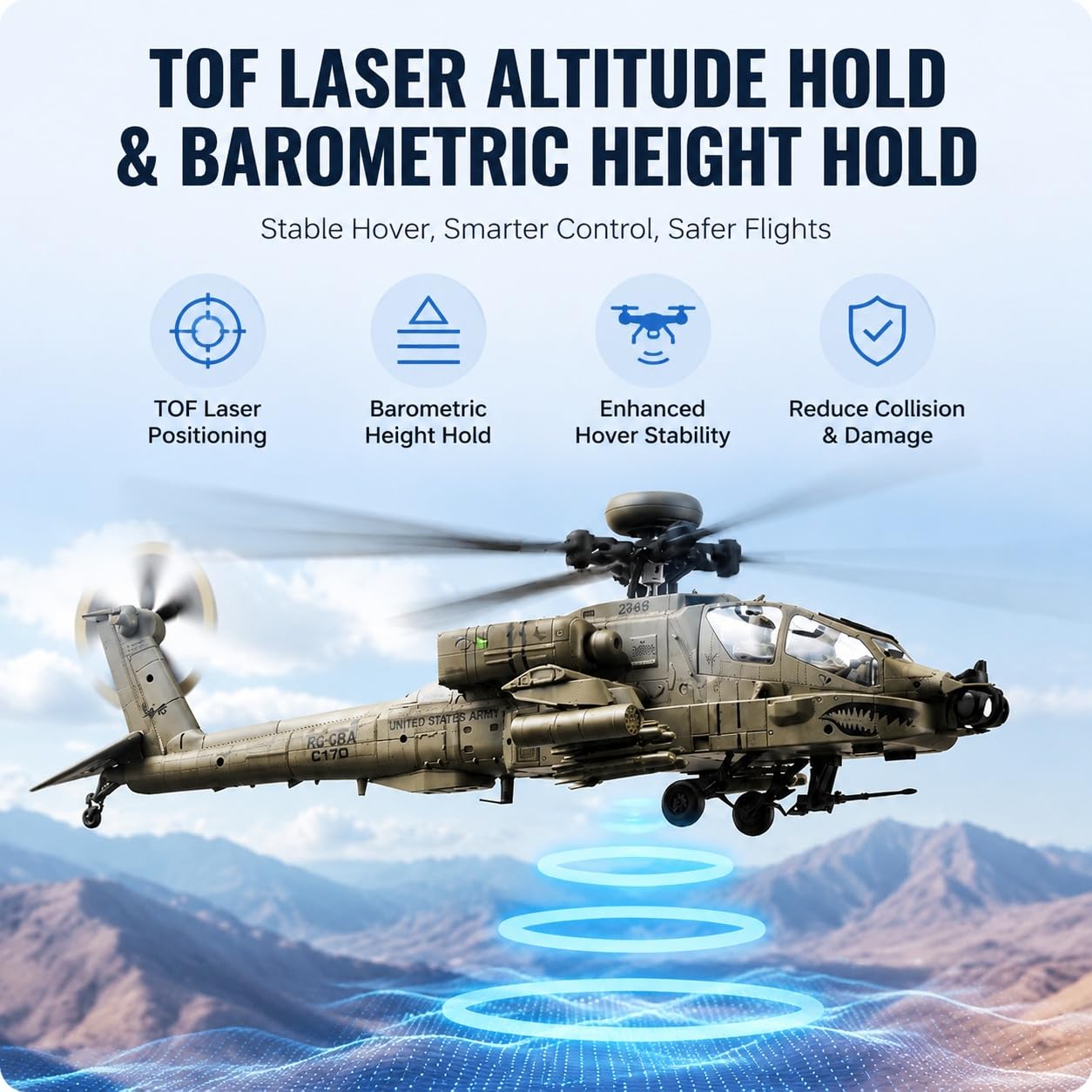 Elicottero RC C170 AH-64D scala 1/48 elicottero radiocomandato flybarless a 6 canali 2.4G con posizionamento a flusso ottico TOF mantenimento dell'altitudine 2 batterie - RTF(Gray)